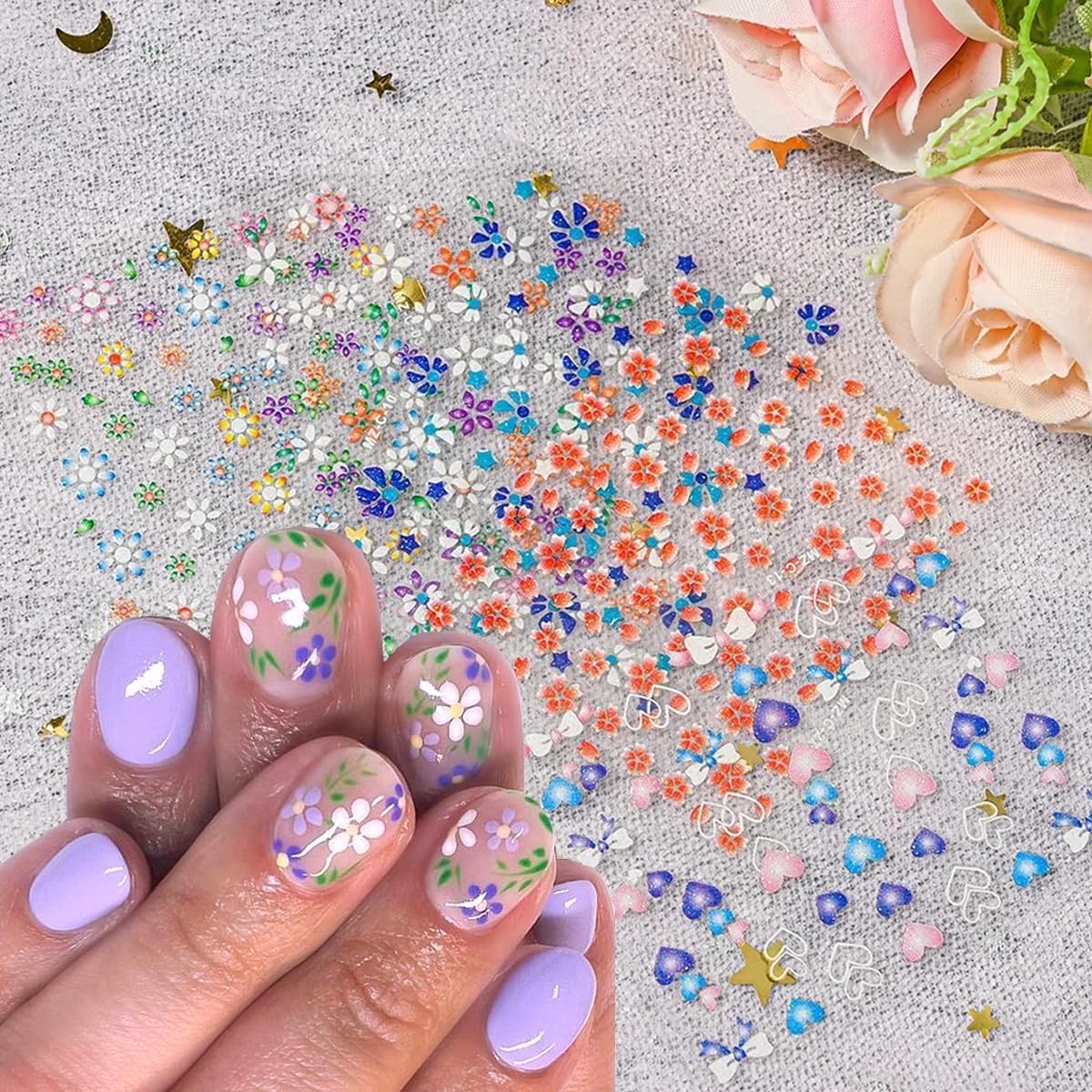 MAYCREATE Mini Flower Nail Art Stickers for DIY Nail Design with 30 Sheets | Self-Adhesive Embossed Daisies