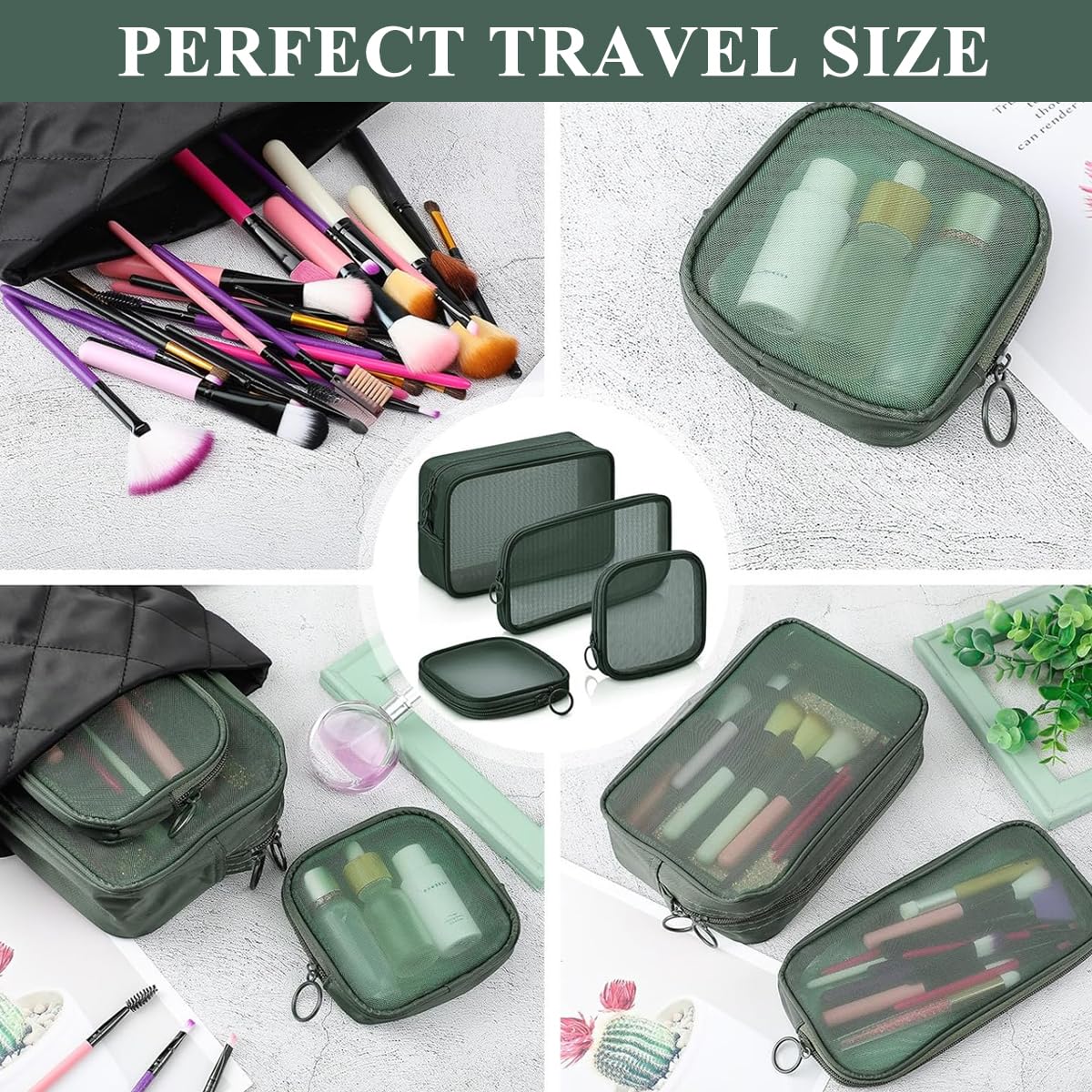 MAYCREATE Makeup Organizer Bag Set for Travel with 8PCS Mesh Zipper Pouches in Green
