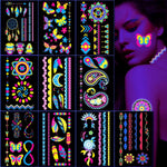 MAYCREATE 10 Sheets Temporary Tattoo Stickers Night Glow in the Dark Sticker, 80+ Styles Waterproof UV Neon Stickers, Body Face Fake Tattoos for Women Men Kids Rave Festival Party