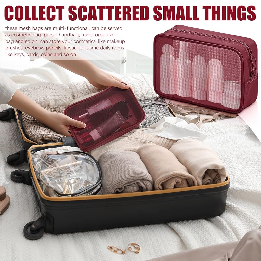 MAYCREATE® 4Pcs Zipper Pouches Combo 4 Sizes Mesh Zipper Pouches Makeup Stylish Burgundy Red Cosmetic Bags Cash Bags Nylon Mesh Zipper Pouches Accessories Organizer Bags