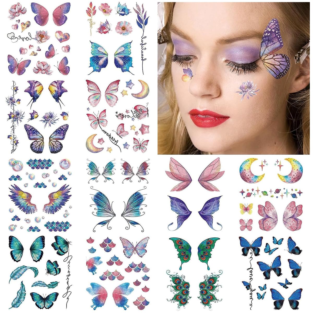 MAYCREATE Butterfly Tattoo Stickers for Women and Girls featuring 12 Sheets | Safe Temporary Face and Body Art