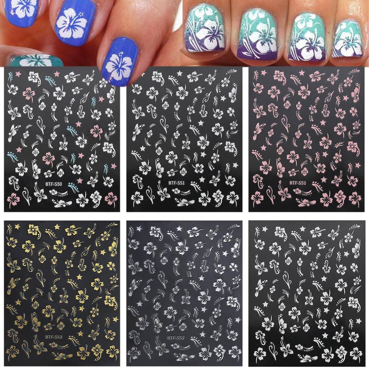 MAYCREATE 5D Embossed White Flowers Nail Stickers, 5Pcs Flower Nail Art Stickers Decals White Flower Nail Stickers, Floral Lace Cherry Blossom Flowers Sliders for Nails Summer Manicure Decor