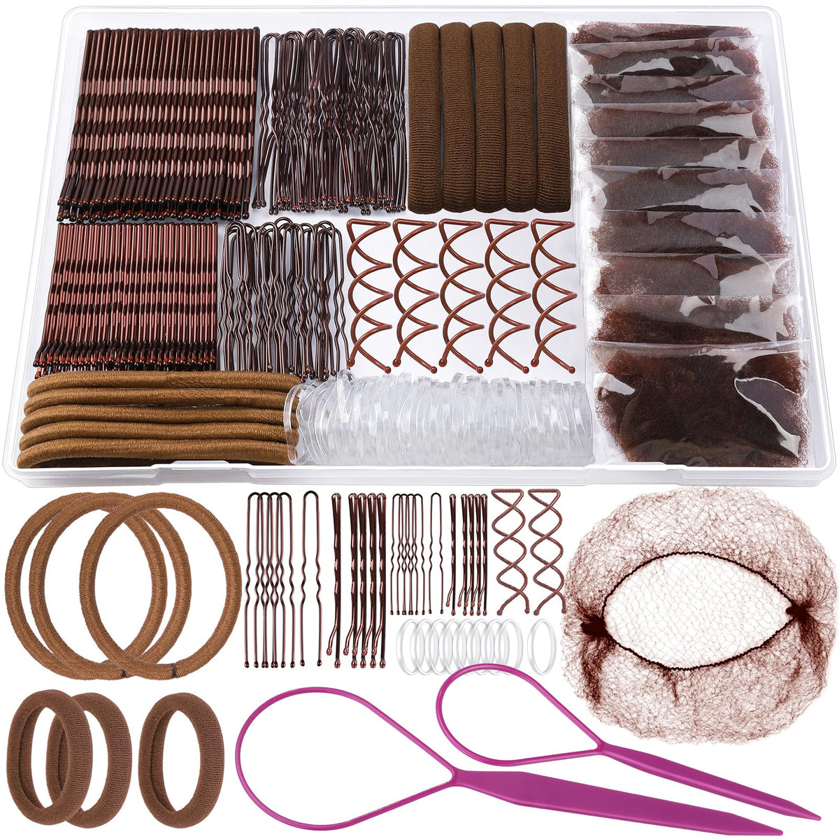 MAYCREATE® Bobby Pins Hair Pins Kit completo de 227 piezas con pasadores en U, redes para moños, gomas para el cabello y herramientas de peinado, accesorios marrón café antideslizantes y confiables