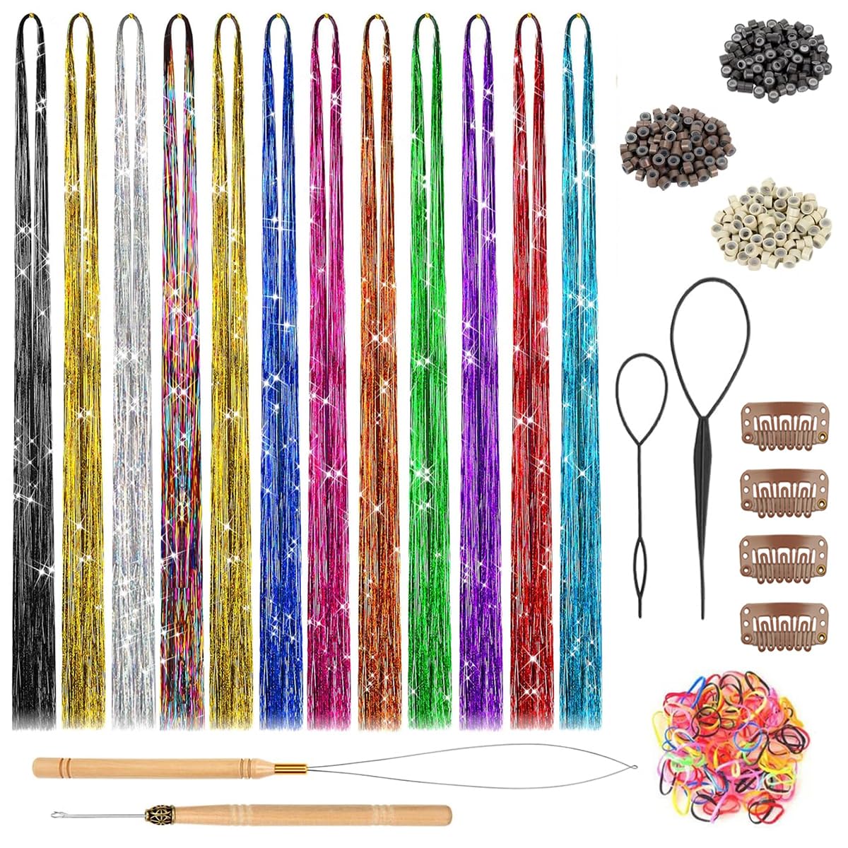 MAYCREATE Glitter Tinsel Hair 47'' Glitter Hair Tinsel Clip 12 Color Shiny Glitter Hair Tinsel Kit Extensions with Tools for Women Girls Party, Festival, Music Festival