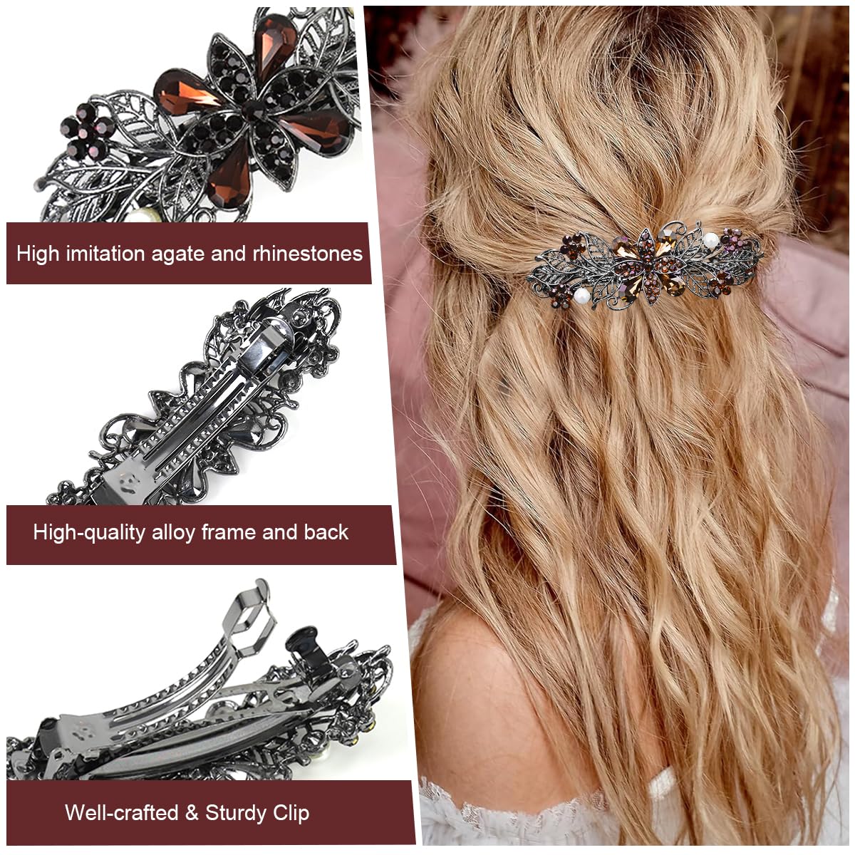 MAYCREATE Hair Accessories for Women featuring 2Pcs 3.5 in Rhinestone Snap Barrettes | Floral Alloy Clips