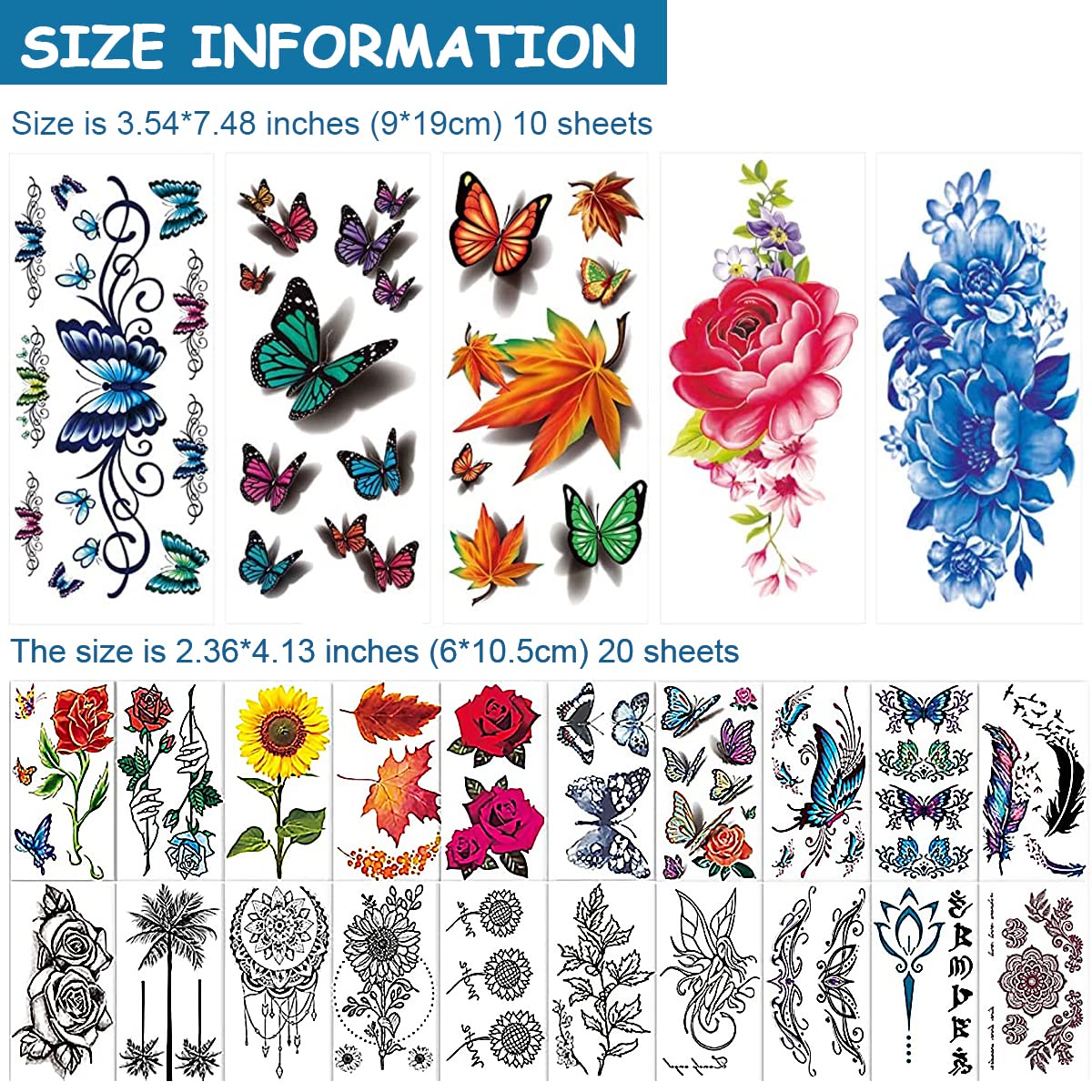 MAYCREATE Temporary Tattoos for Men and Women with 30 Sheets Waterproof Designs | Flowers Roses Butterflies Body Art Stickers