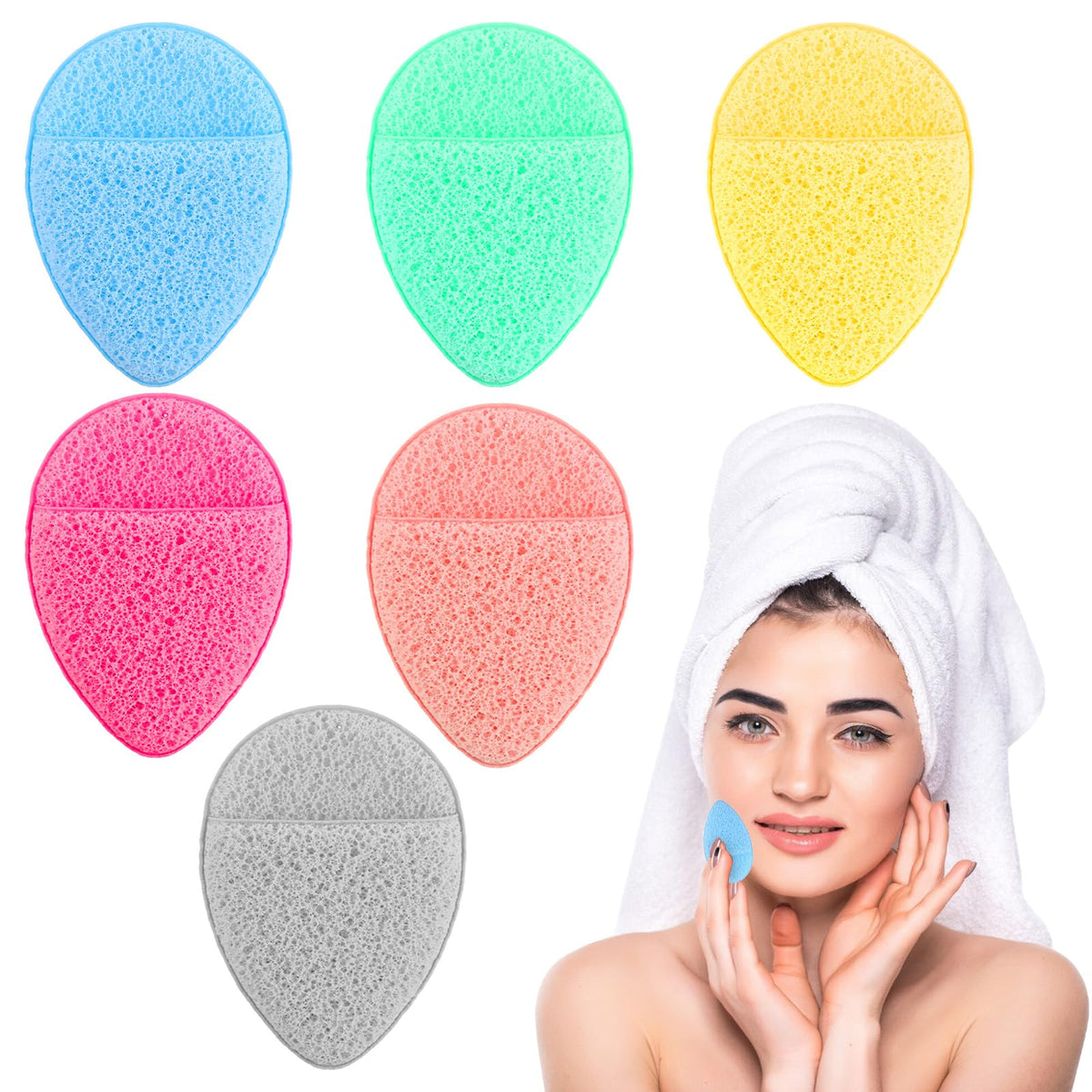 MAYCREATE® 6pcs Face Sponges for Cleansing, Reusable Puff Facial Sponges for Face Wash Face Scrubber Exfoliating Pads Sponge with Finger Cot