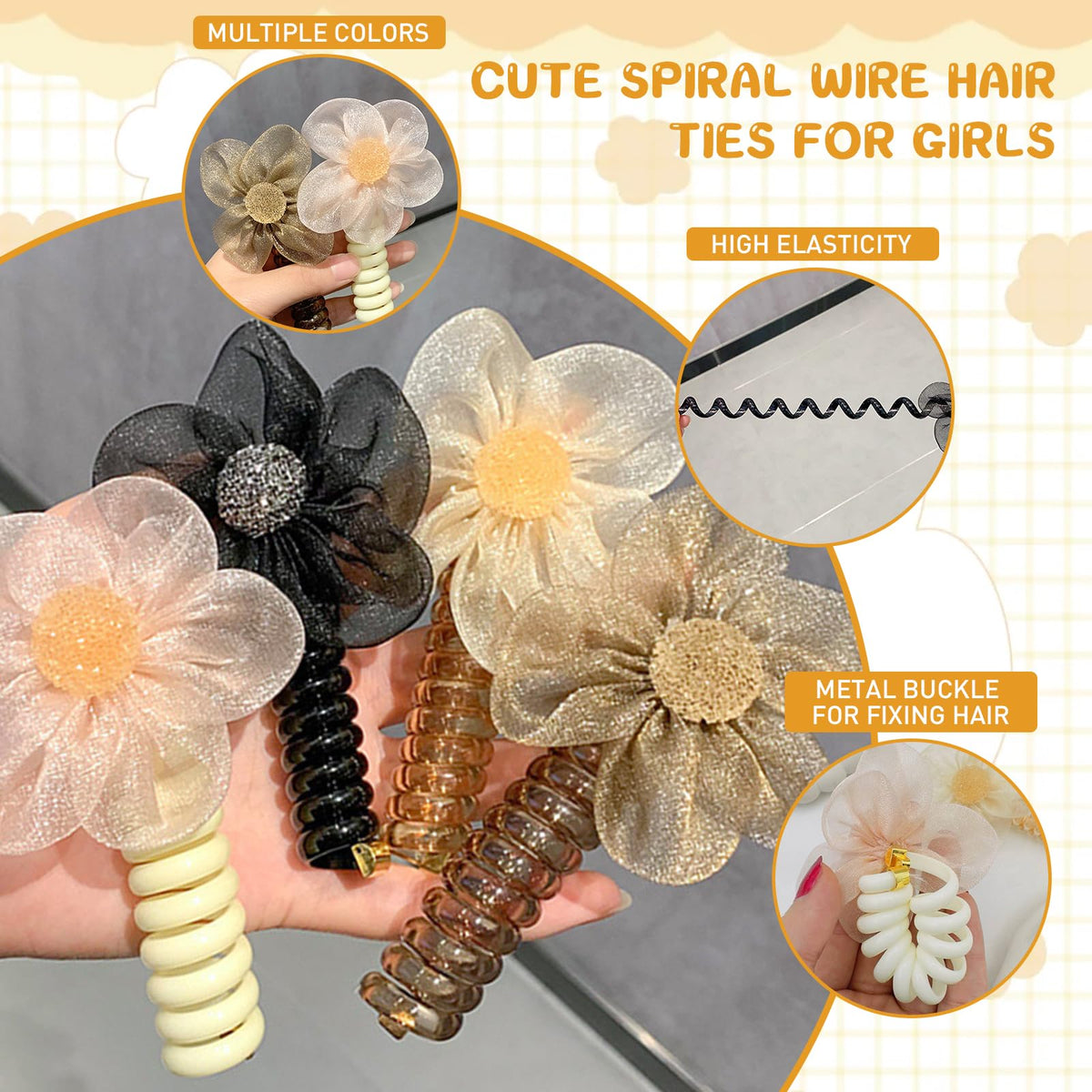 MAYCREATE Telephone Wire Hair Band Set for Girls with 7cm Spiral Design | 4pcs Flower Hair Ties