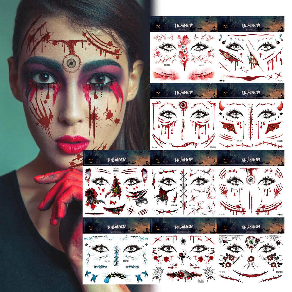 MAYCREATE® 10Pcs Halloween Temporary Face Tattoos for Adults Halloween Mouth Tattoos Stickers Horror Clown Fake Face Scars Wound Tattoo Makeup Kit