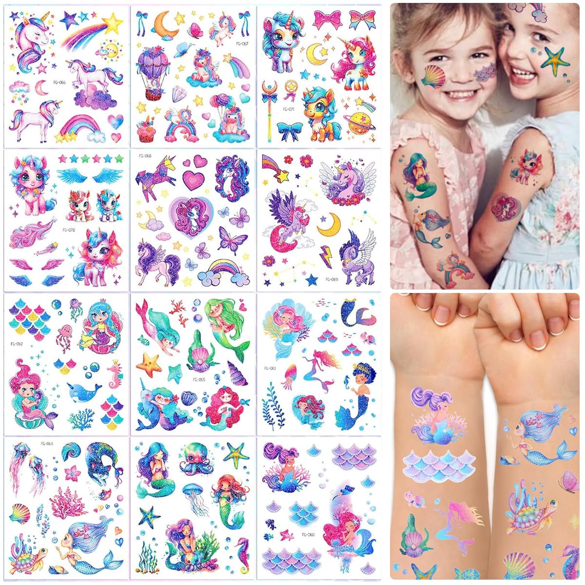 MAYCREATE Temporary Tattoo Stickers for Kids with Waterproof Design and 4 Sheet Set | Cute Mermaid Party Makeup Tattoos