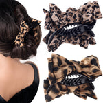 MAYCREATE® 2Pcs Leopard Print Bow Hair Claw Clips Set, Non-Slip Strong Hold Hair Claws with Fabric Bow, Stylish Hair Accessories for Thick Thin Curly Hair, Cute Hair Clips for Women Daily Wear