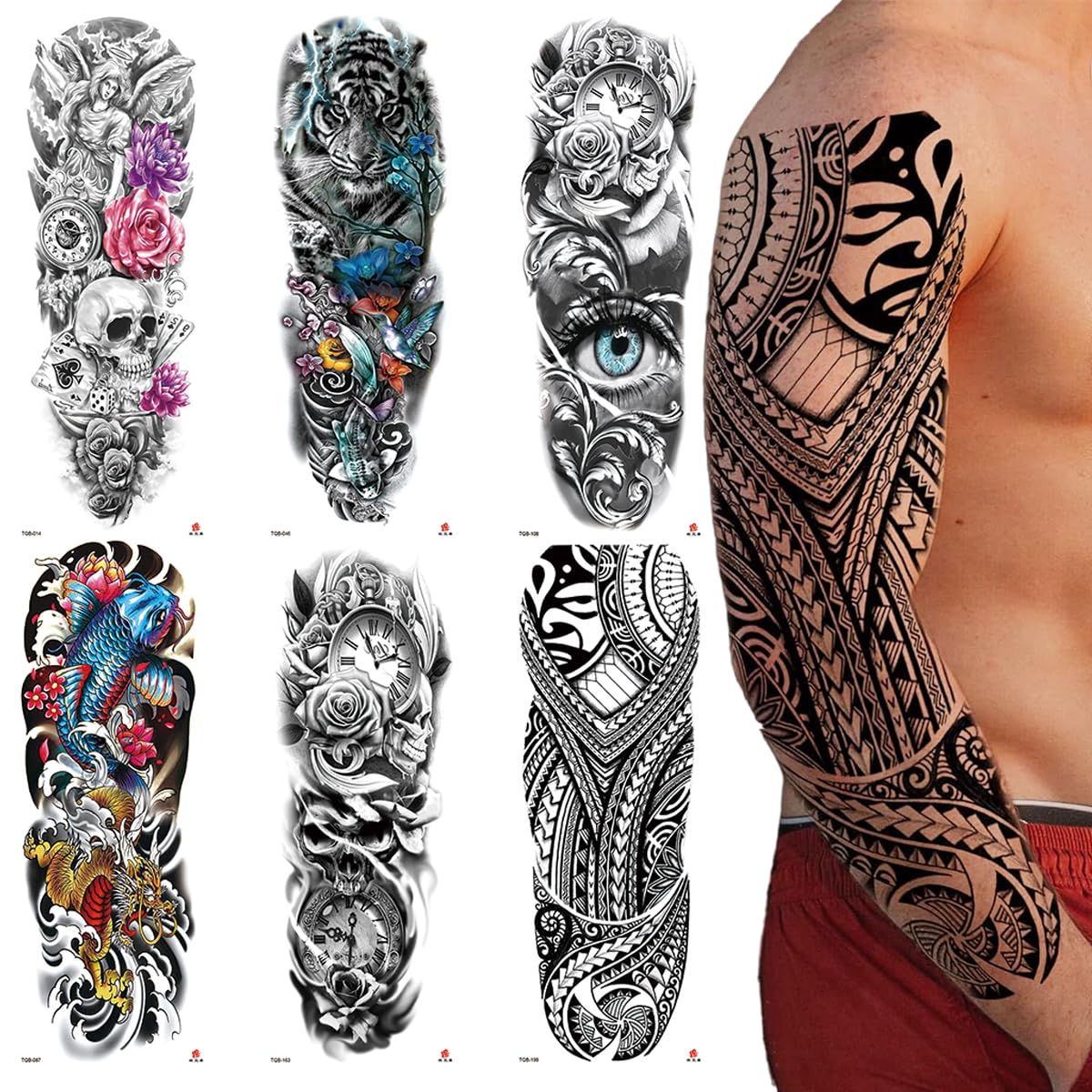 MAYCREATE Temporary Tattoo Stickers for Men and Women with 6 Sheets 48×17 cm Waterproof Designs | Ideal for Party and Club