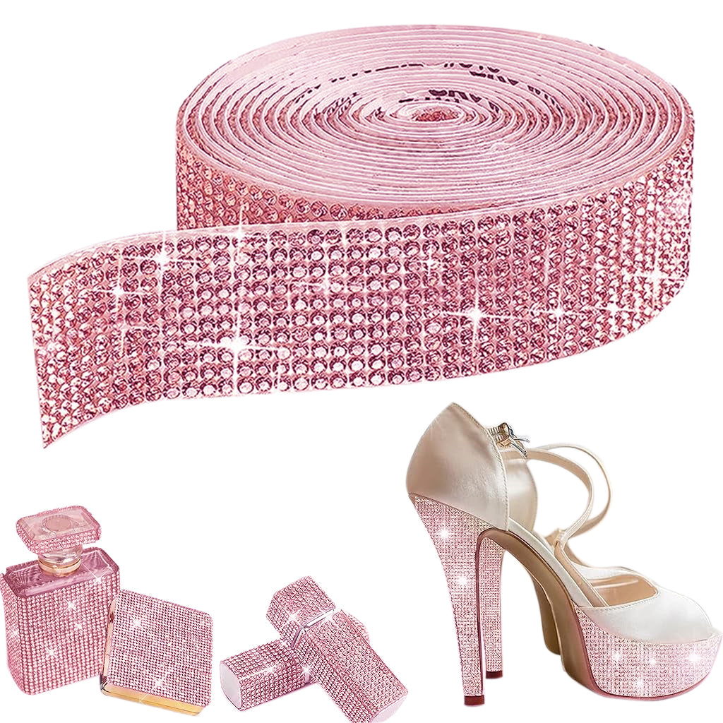 MAYCREATE 1 Roll DIY Rhinestone Ribbon Tape 1 inches x 1 Yard Self Adhesive Pink Rhinestone Tape DIY Sparkling Resin Rhinestone Strips for DIY Craft, Wall Decoration, Scrapbook Art