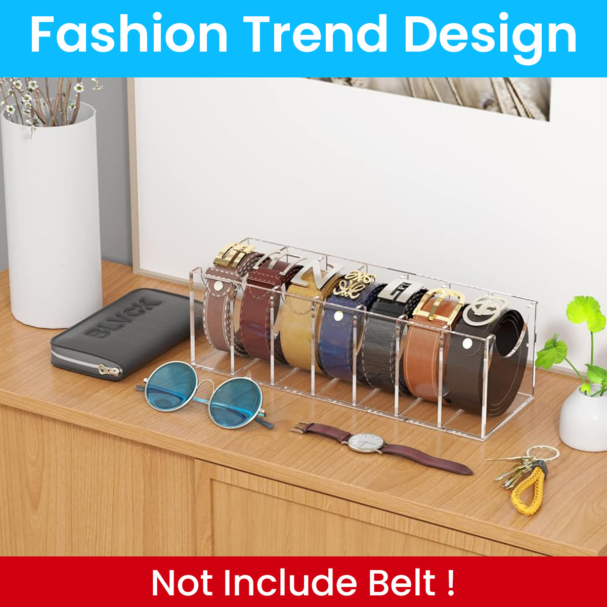MAYCREATE Belt Organizer, Acrylic 7-Compartments Belt Container Storage Holder, Clear Belt Container Display Holder for Closet Tie and Bow Watch Jewelry Bracelets Ring Cosmetic