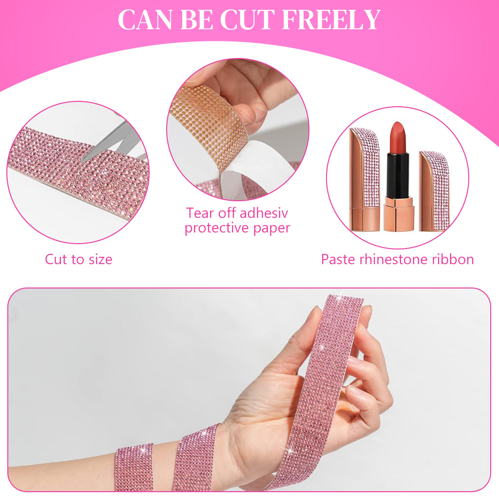 MAYCREATE 1 Roll DIY Rhinestone Ribbon Tape 1 inches x 1 Yard Self Adhesive Pink Rhinestone Tape DIY Sparkling Resin Rhinestone Strips for DIY Craft, Wall Decoration, Scrapbook Art