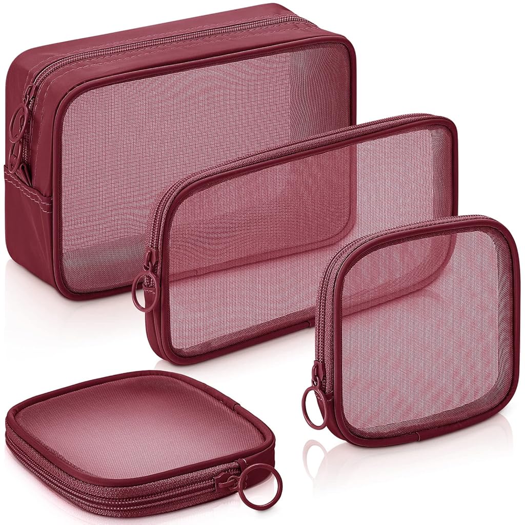 MAYCREATE® 4Pcs Zipper Pouches Combo 4 Sizes Mesh Zipper Pouches Makeup Stylish Burgundy Red Cosmetic Bags Cash Bags Nylon Mesh Zipper Pouches Accessories Organizer Bags