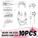 MAYCREATE 10Pcs Girls Hair Pins Y2K Star Hair Pins Set Punk Metal Girls Hair Clips Silver Korean Style Hair Pins Hair Accessories for Girls