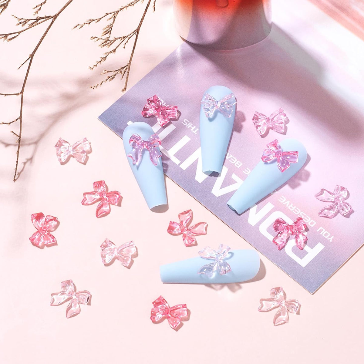 MAYCREATE 50pcs Pink Bow Nail Decals 2 Styles Flat Back Resin Bow Charms for Nail Decals Nail Art Supplies Cute Dainty Decorative Decals for DIY Nail Extension
