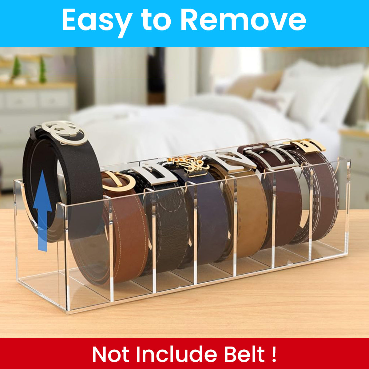 MAYCREATE Belt Organizer, Acrylic 7-Compartments Belt Container Storage Holder, Clear Belt Container Display Holder for Closet Tie and Bow Watch Jewelry Bracelets Ring Cosmetic