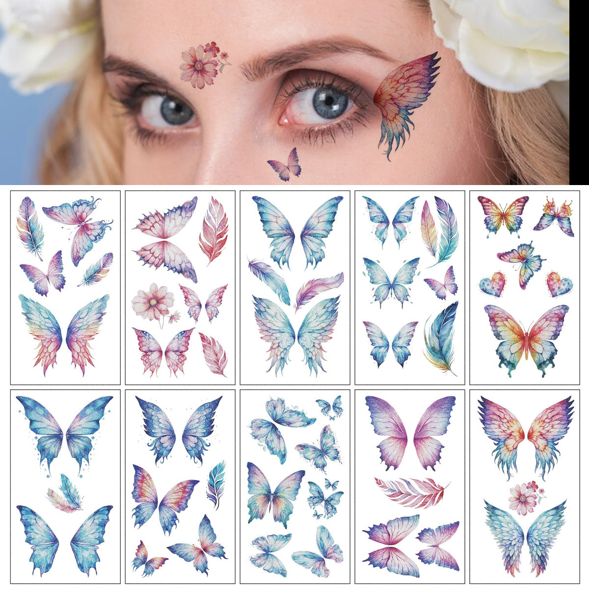 MAYCREATE 10 Sheets Butterfly Tattoo Sticker Glittering Butterfly Temporary Tattoo For Women Girls Kids Mehendi Tattoo Sticker for Party Makeup Tattoo Sticker for Face, Hands, Arm, Body
