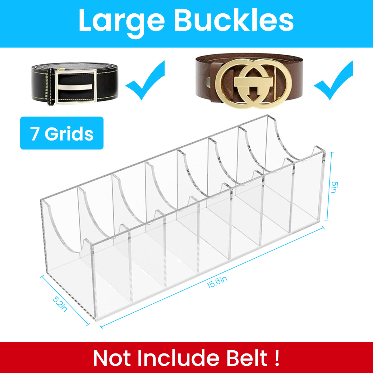 MAYCREATE Belt Organizer, Acrylic 7-Compartments Belt Container Storage Holder, Clear Belt Container Display Holder for Closet Tie and Bow Watch Jewelry Bracelets Ring Cosmetic