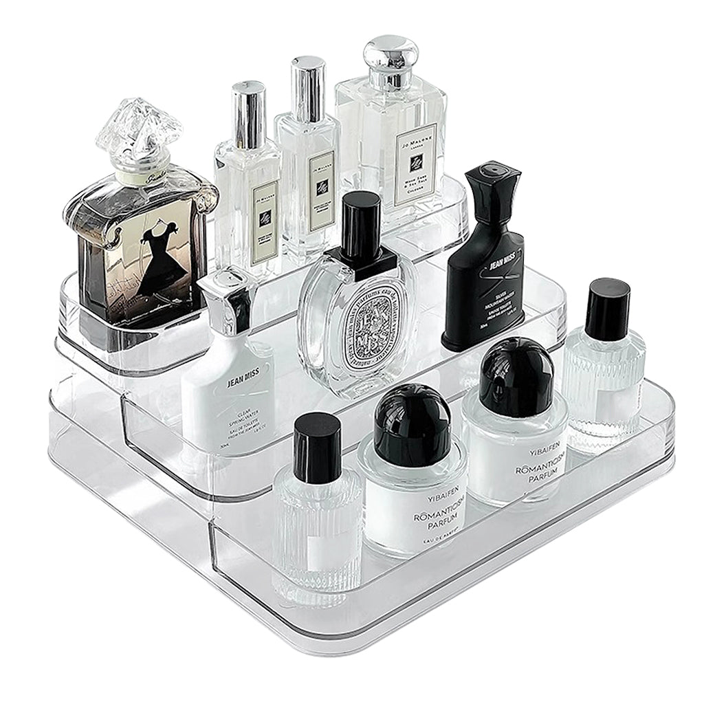MAYCREATE® Perfume Display, 3 Tier Clear Acrylic Riser Shelf for Perfume with Fences, Cupcake, Gemstones, Curio, Anime Figurines, Skin Care Products for Organization and Decor