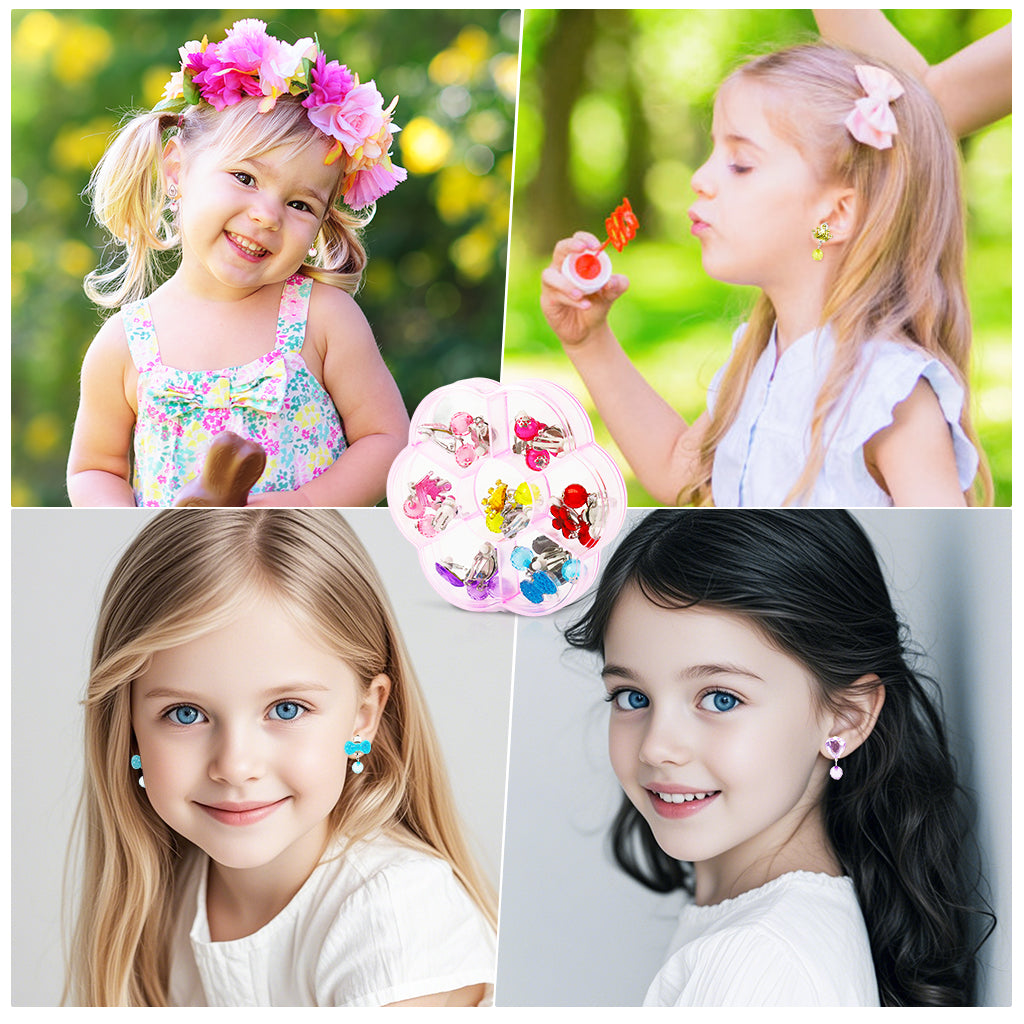 MAYCREATE 7 Pairs Girls Princess Earrings Clip On Earrings Non-piercing Girls Earrings Color Resin Crystal Flower Bow Earrings Jewelry Pretend Play Clip On Earrings Party Favor Dressing Up Jewelry