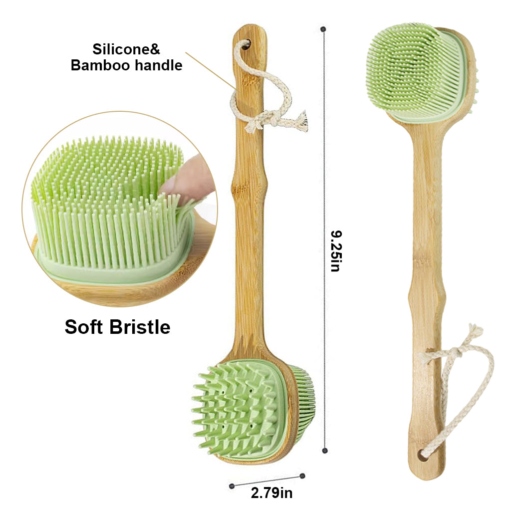 MAYCREATE Bath Brush 12.8 Inches Double Sided Silicone Body Massager Brush Back Scrubber Brush Wooden Handle Body Exfoliation Bathing Brush, Green