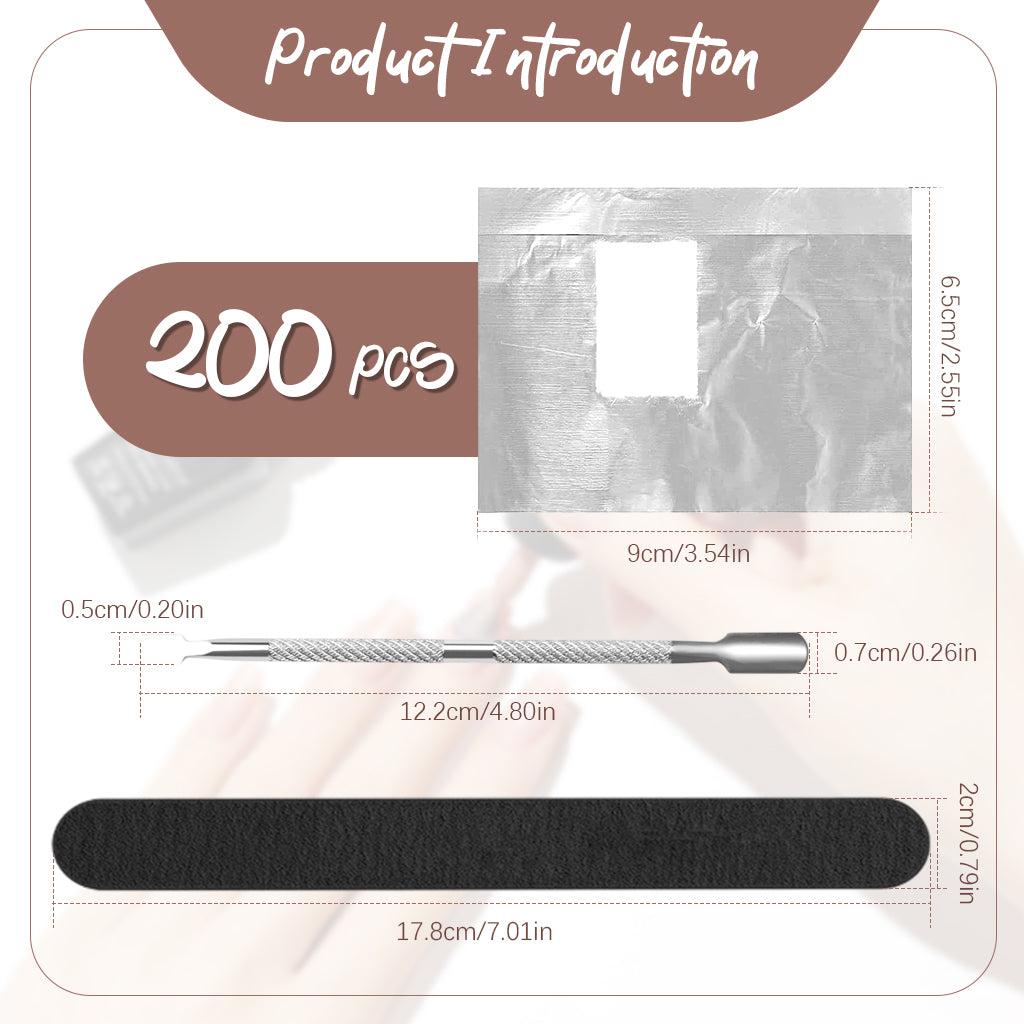 MAYCREATE 200Pcs Nail Polish Remover Foil Wraps with Pre-soaked Acetone-based Cotton Pads Gel Nail Polish Remover Wraps Finger Nail Polish Removal Tool with Cuticle Pusher & Nail Filer