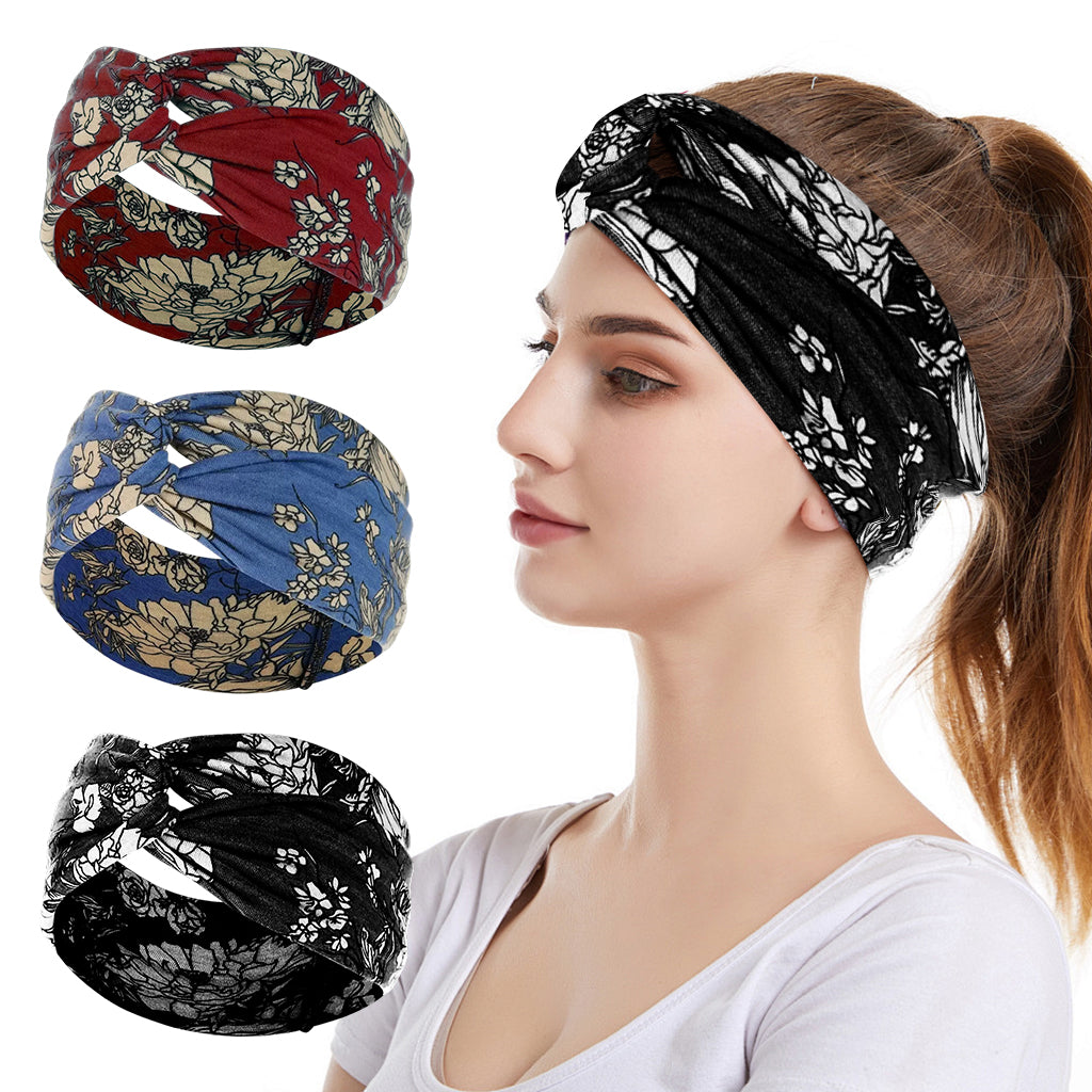MAYCREATE Head Band for Women, 3pcs Knotted Hair Bands for Womens, Flower Print Headbands for Women, Fashion Stretchy Head Bands for Women Makeup, Runing, Yoga, Fitness