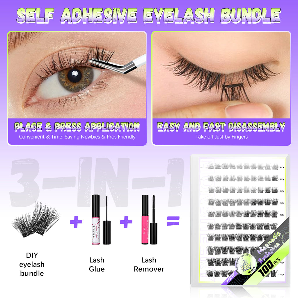 MAYCREATE 100Pcs Self Adhesive Eyelashes Clusters, No Glue Needed Lash Clusters 8/10/12MM Natural Look Pre-Glue Individual Lashes Extensions Reusable Self Adhesive Lashes Clusters