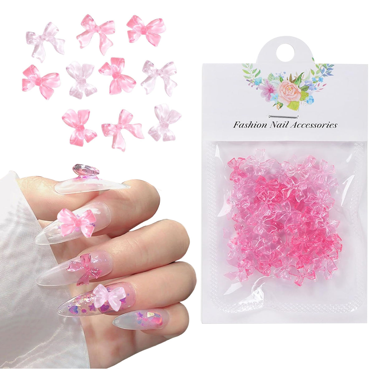 MAYCREATE 50pcs Pink Bow Nail Decals 2 Styles Flat Back Resin Bow Charms for Nail Decals Nail Art Supplies Cute Dainty Decorative Decals for DIY Nail Extension