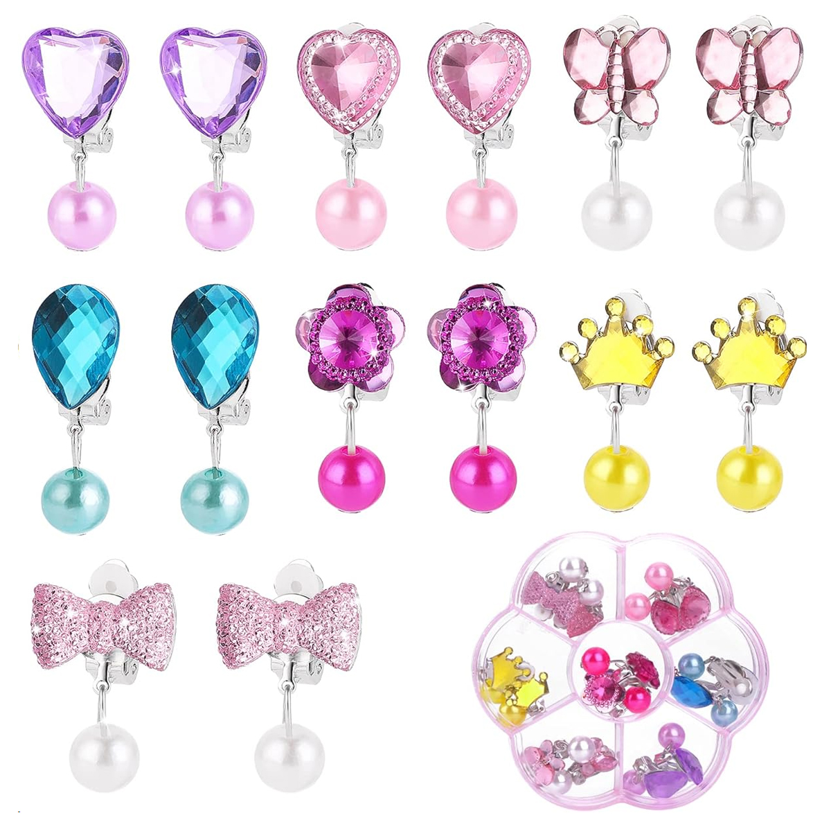 MAYCREATE 7 Pairs Girls Princess Earrings Clip On Earrings Non-piercing Girls Earrings Color Resin Crystal Flower Bow Earrings Jewelry Pretend Play Clip On Earrings Party Favor Dressing Up Jewelry