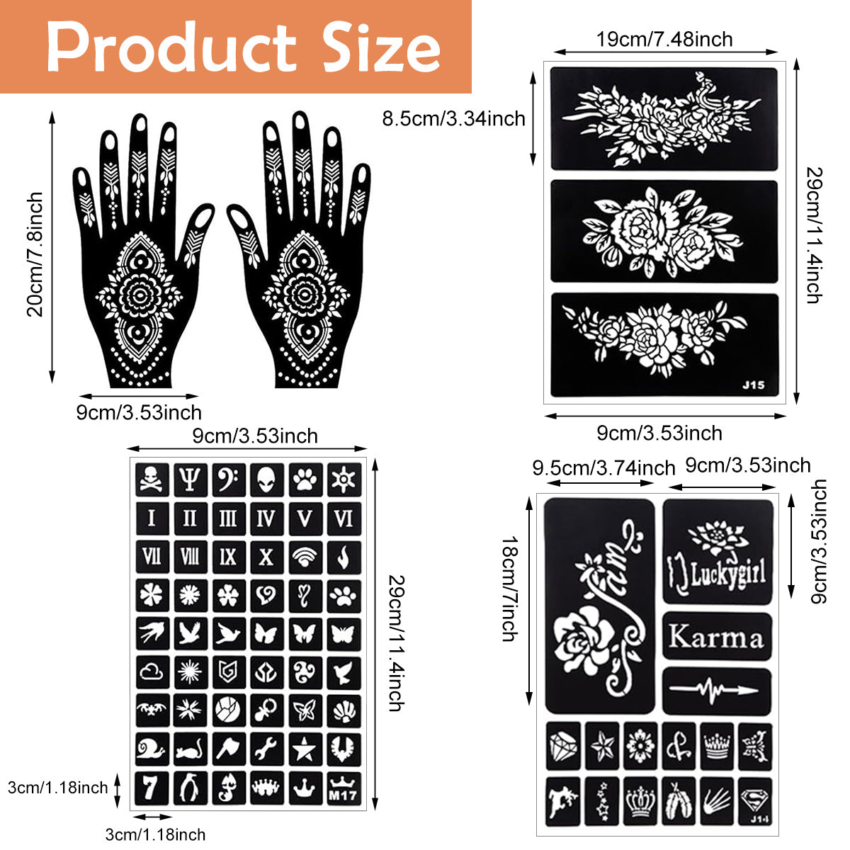 MAYCREATE 14 Sheets Mehendi Stencil Stickers Kit Henna Tattoo Mehandi Stickers for Hands Arabic Henna Temporary Tattoo for Women Mehendi Stencil Stickers for Full Hands, Face, Arm, Body
