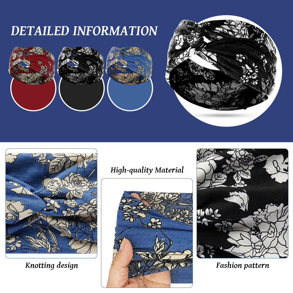MAYCREATE Head Band for Women, 3pcs Knotted Hair Bands for Womens, Flower Print Headbands for Women, Fashion Stretchy Head Bands for Women Makeup, Runing, Yoga, Fitness