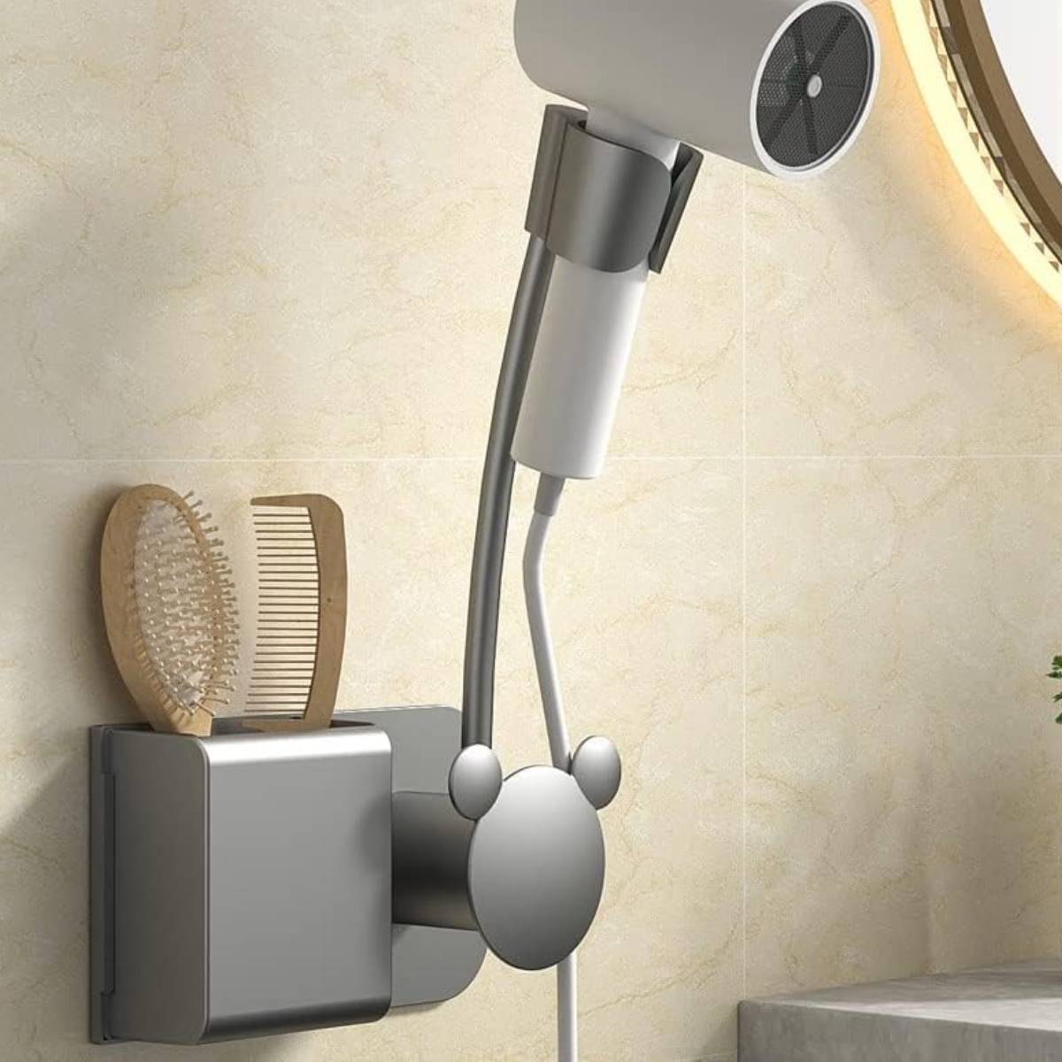 MAYCREATE Hair Dryer Wall Mount Holder, Hair Dryer Wall Bracket 360° Rotating Wall Mounted Adhesive Mount Hair Appliance Organizer Handsfree Hair Dryer Stand