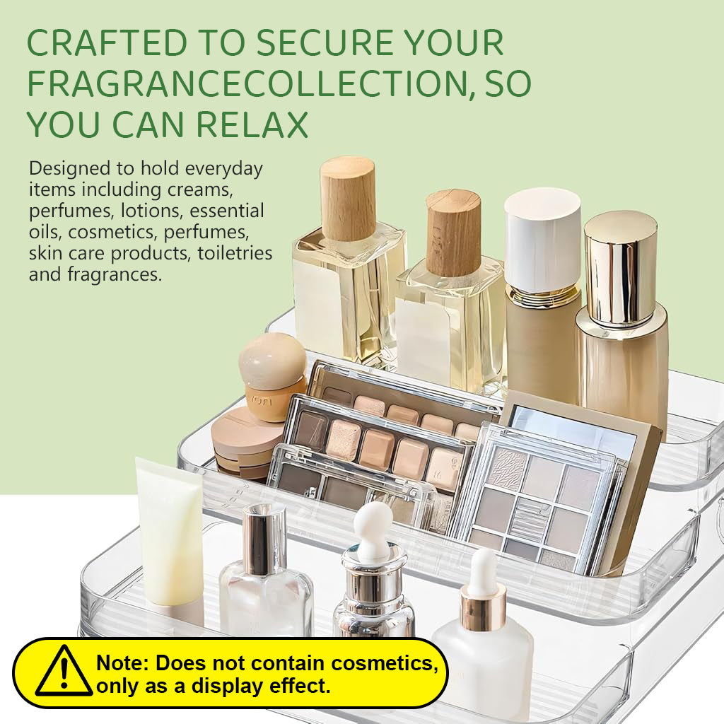 MAYCREATE® Perfume Display, 3 Tier Clear Acrylic Riser Shelf for Perfume with Fences, Cupcake, Gemstones, Curio, Anime Figurines, Skin Care Products for Organization and Decor