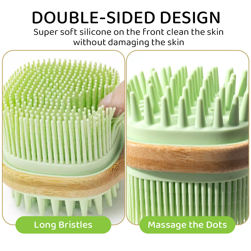 MAYCREATE Bath Brush 12.8 Inches Double Sided Silicone Body Massager Brush Back Scrubber Brush Wooden Handle Body Exfoliation Bathing Brush, Green