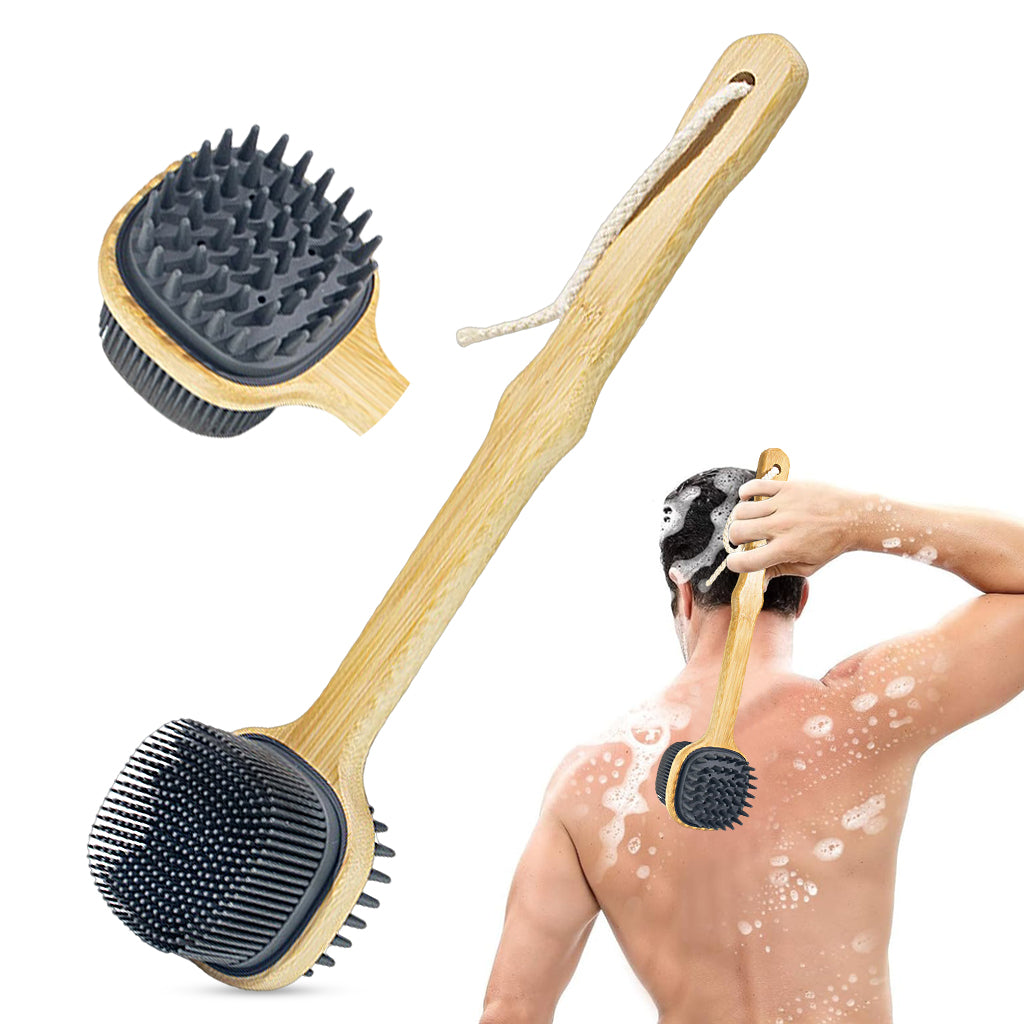 MAYCREATE Bath Brush 12.8 Inches Double Sided Silicone Body Massager Brush Back Scrubber Brush Wooden Handle Body Exfoliation Bathing Brush