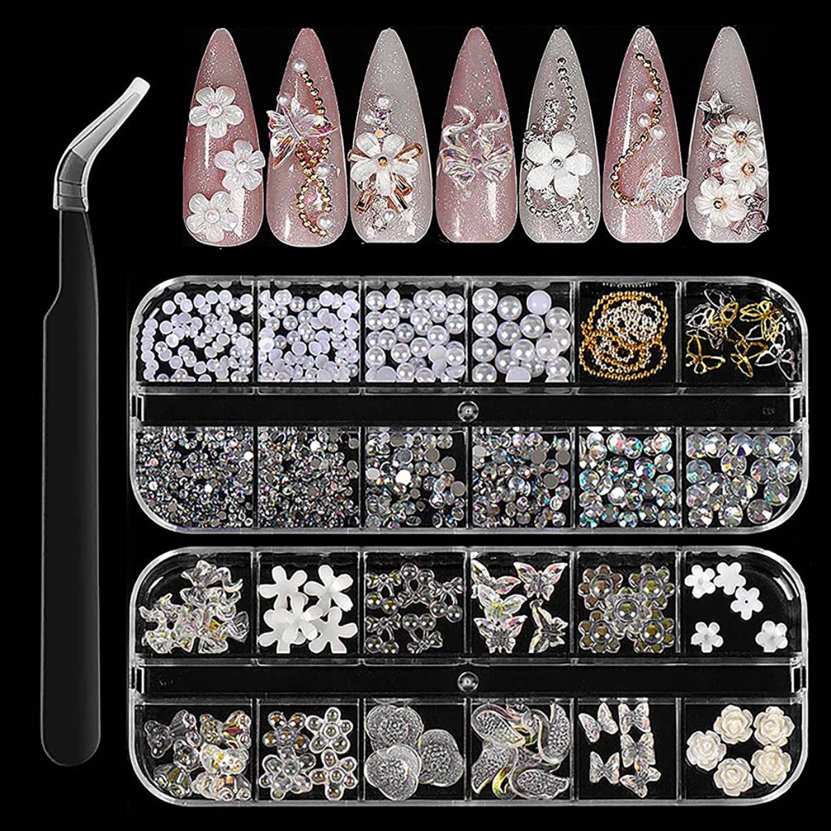 MAYCREATE 3D Nail Charms Crystal Nail Gems for Nail Art, Crystal Bow Nail Art Gems Flat Nail Jewels Decorations Aurora Flowers Chains Nail Stuff for Nail Art Decoration Design DIY Crafting