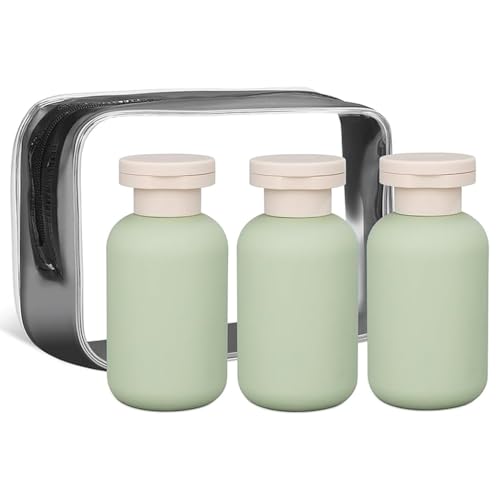 MAYCREATE® 3Pcs Travel Bottles 100ml Soft PE Toiletries Dispenser Bottle Leakingproof Flip-up Lid Squeezable Refillable Travel Bottles for Shampoo Conditioner, Body Lotion, With Storage Pouch