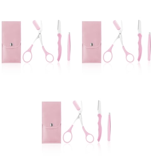 MAYCREATE® 9PCS Eye Brow Scissor Tweezer Trimmer Razor Facial Hair Shaper Make Up Tool with PU Leather Case Shave and Removal Pink