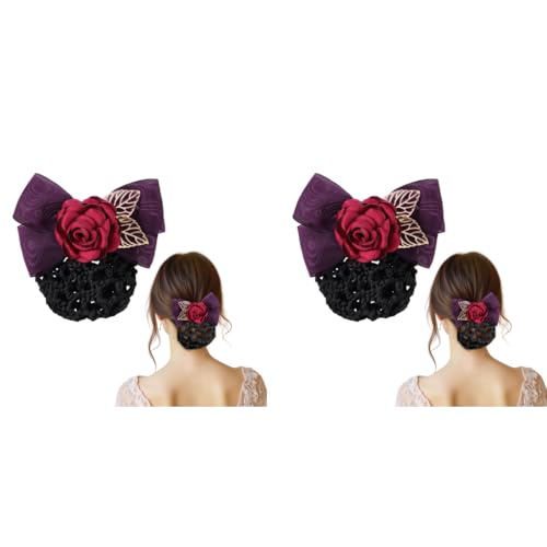 MAYCREATE® Hair Bun Net for Women Floral Barrette Snood Rose Bowknot with Clip Elegant Holder Headpiece Accessories 2 PCS