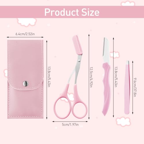 MAYCREATE® 6PCS Eye Brow Scissor Eyebrow Removal Tweezer Trimmer Razor Facial Hair Shaper Trimming Make Up Tool with PU Leather Case Pink