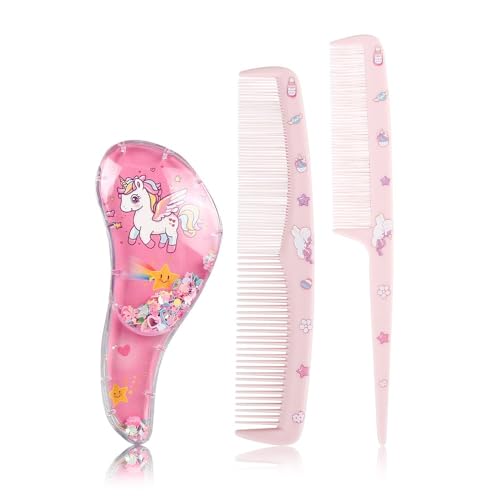 MAYCREATE® 3 PCS Little Girls Hair Brush Easily Brushed Through Tangles-No Liquid, Foam Ball Unicorn Gifts Play for Kids Age 3-8-Pink