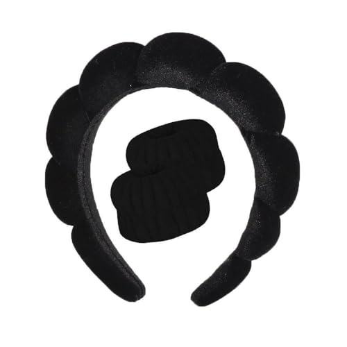 MAYCREATE® Spa Headband Wristband for Women Girls Face Washing, Facial Skincare Headband Sunflower Sponge Makeup Hairband Wrist Washband Combo Set -Black