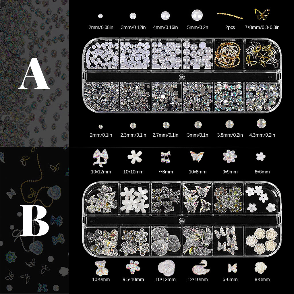MAYCREATE 3D Nail Charms Crystal Nail Gems for Nail Art, Crystal Bow Nail Art Gems Flat Nail Jewels Decorations Aurora Flowers Chains Nail Stuff for Nail Art Decoration Design DIY Crafting