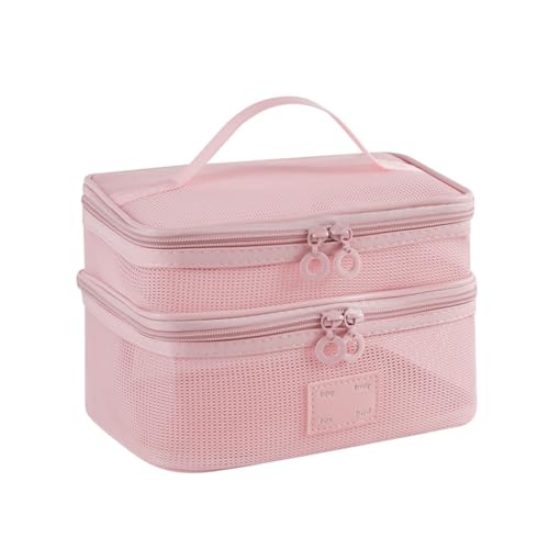 MAYCREATE® Double Layer Makeup Pouch Bag, Travel Toiletries Organizer Bag, Large Mesh Cosmetic Bags, Nylon Make up Brush Pouch, Zip-up Makeup Tool Bags with Handle
