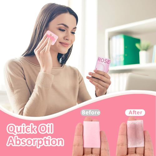 MAYCREATE® 200PCS Blotting Paper for Oily Face Oil Absorbing Sheets Natural Rose Travel Compact Wipes with Mirror Puff for Men Women
