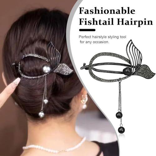 MAYCREATE® Hair Claw Clip for Women, Tassle Mermaid Tail Bun Clips for Women, Alloy Hair Bun Accessories Elegant Hairstyle Twist Non Slip Jaw Clip - Black